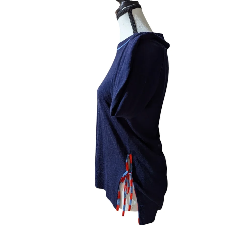 J. Crew Sweater Blue 100% Merino Wool Side Slit Striped Ties Sm *Dry Clean Only